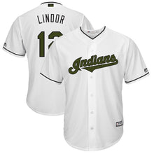 Load image into Gallery viewer, Francisco Lindor Cleveland Indians Majestic 2018 Memorial Day Cool Base Player Jersey - White